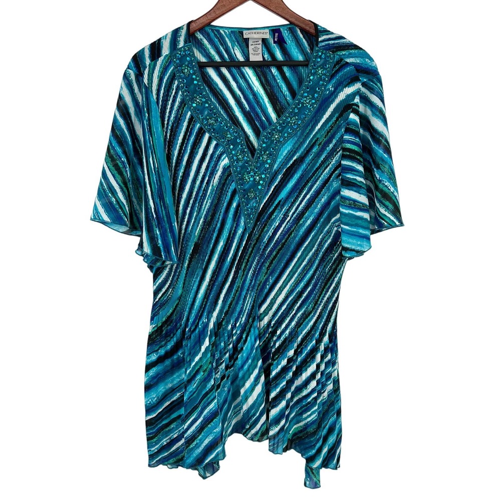 Catherines Plus Size 3X Petite 26/28WP Gemstone Blue Green Blouse Shirt Top
